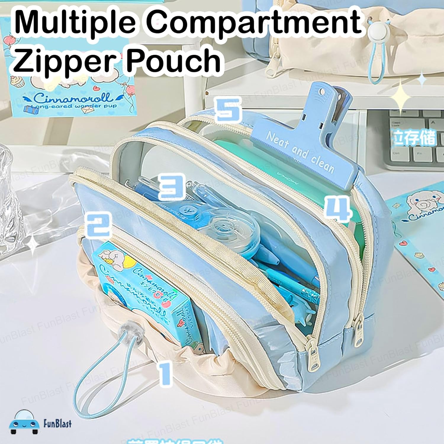 Kawaii Pencil Pouch With Drawstring Pocket (Sky Blue)