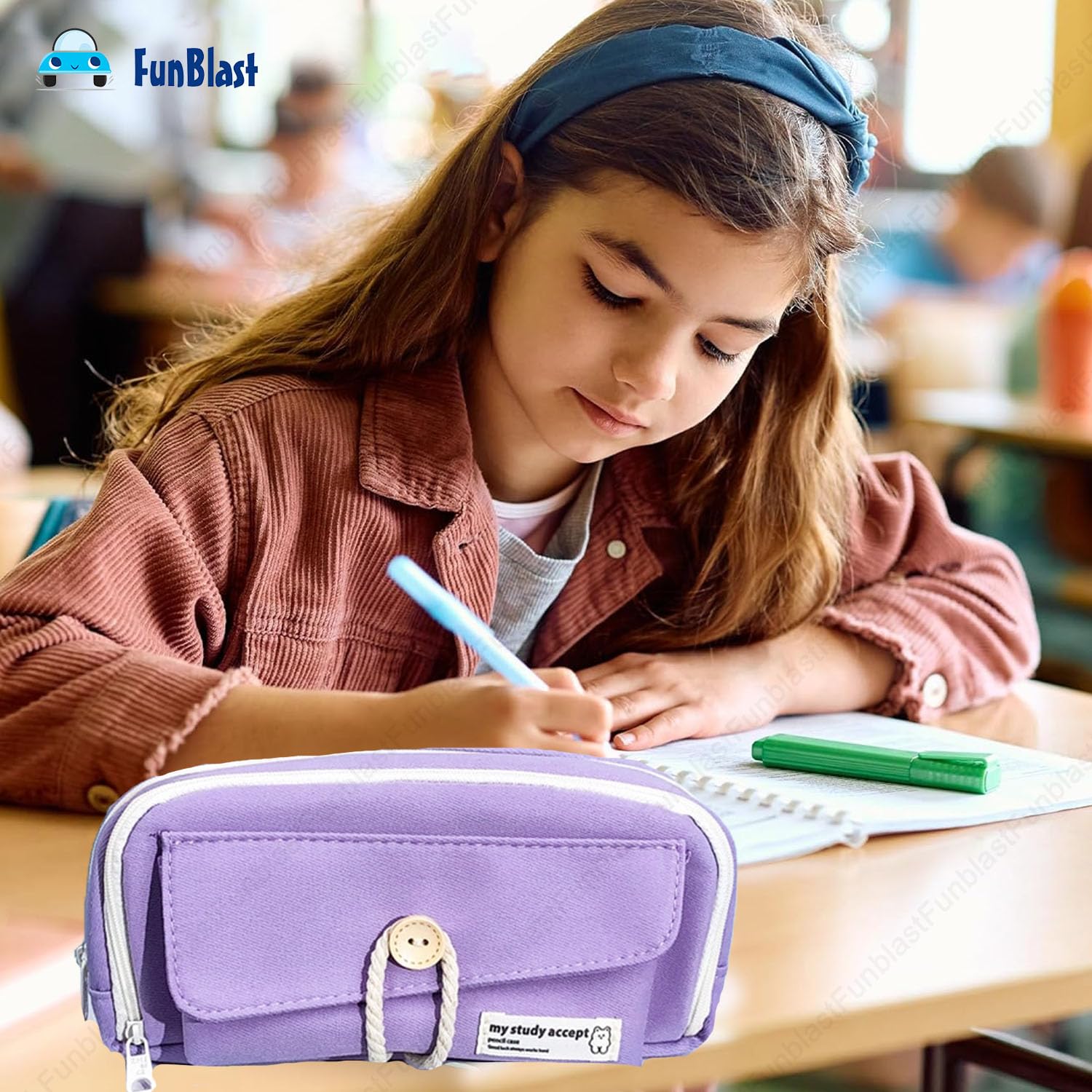 Large Capacity Stationary Organizer Case with Zipper Lock (Purple)