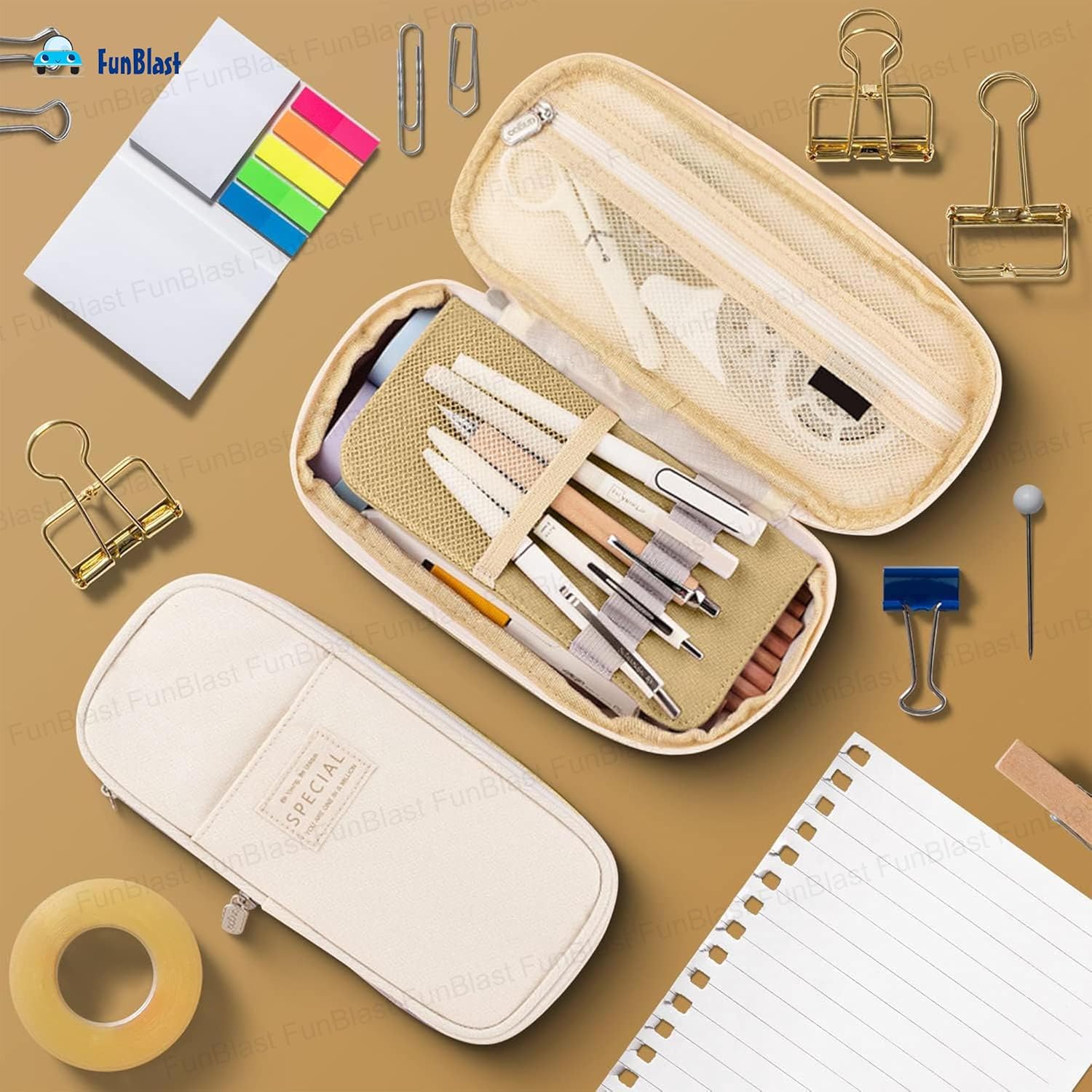 Multi-Compartment Double Zipper Portable Pencil  Pouch for Kids (Khaki)