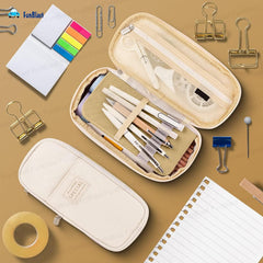 Multi-Compartment Double Zipper Portable Pencil  Pouch for Kids (Khaki)