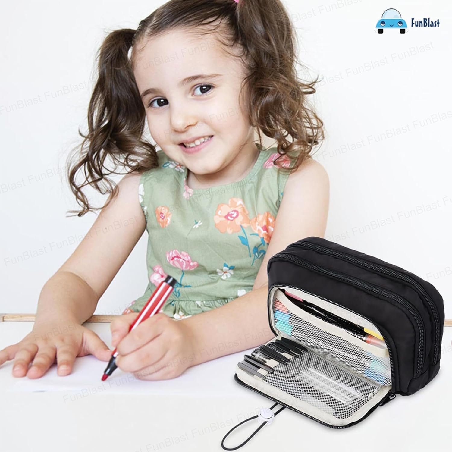Kawaii Pencil Pouch With Drawstring Pocket (Black-White)