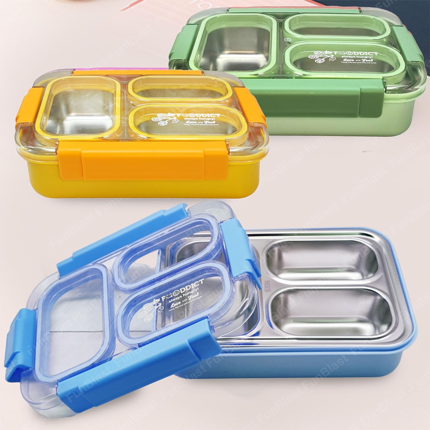 Lunch Box for Kids – Tiffin Box, Stainless Steel Lunch Boxes for Office Men, 3 Compartment Lunch Box with Spoon, Fork & Chopstick (-Random Color)