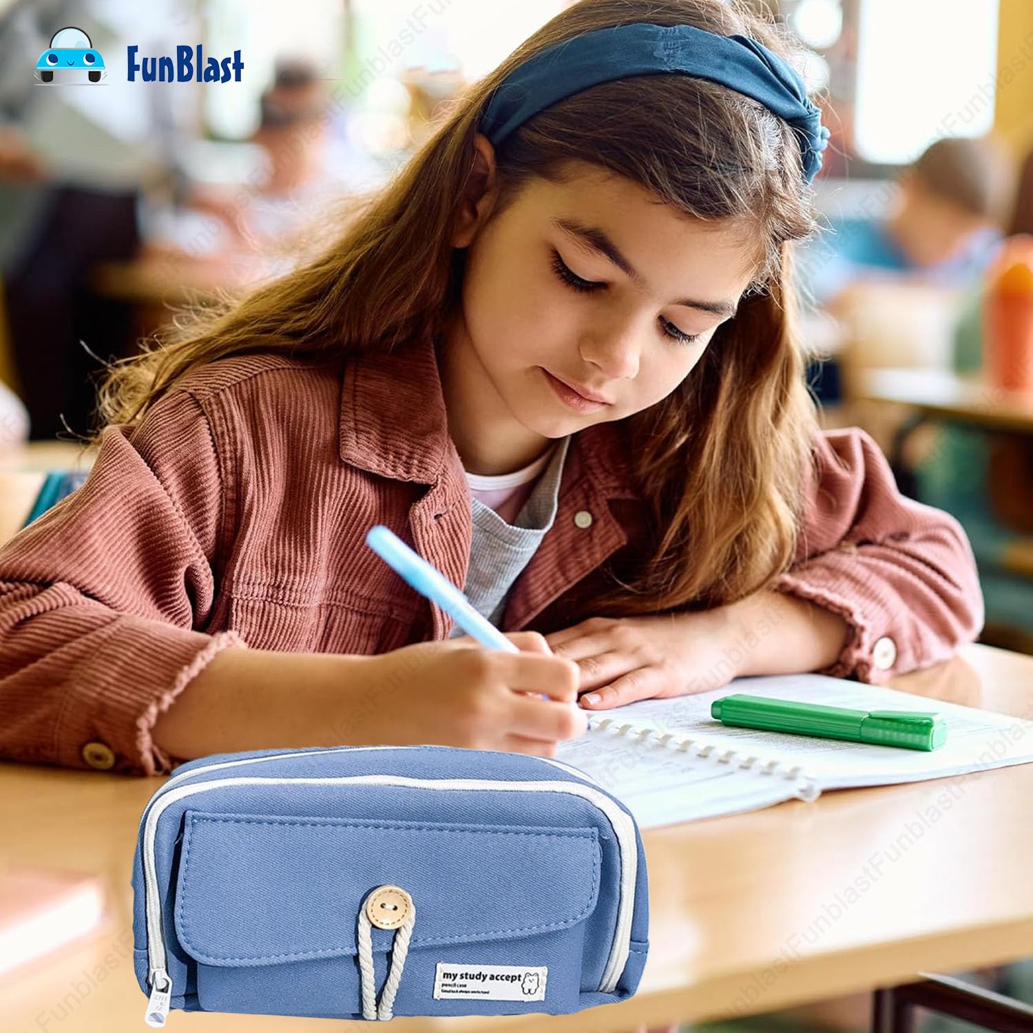 Large Capacity Stationary Organizer Pencil Pouch for Kids (Blue)