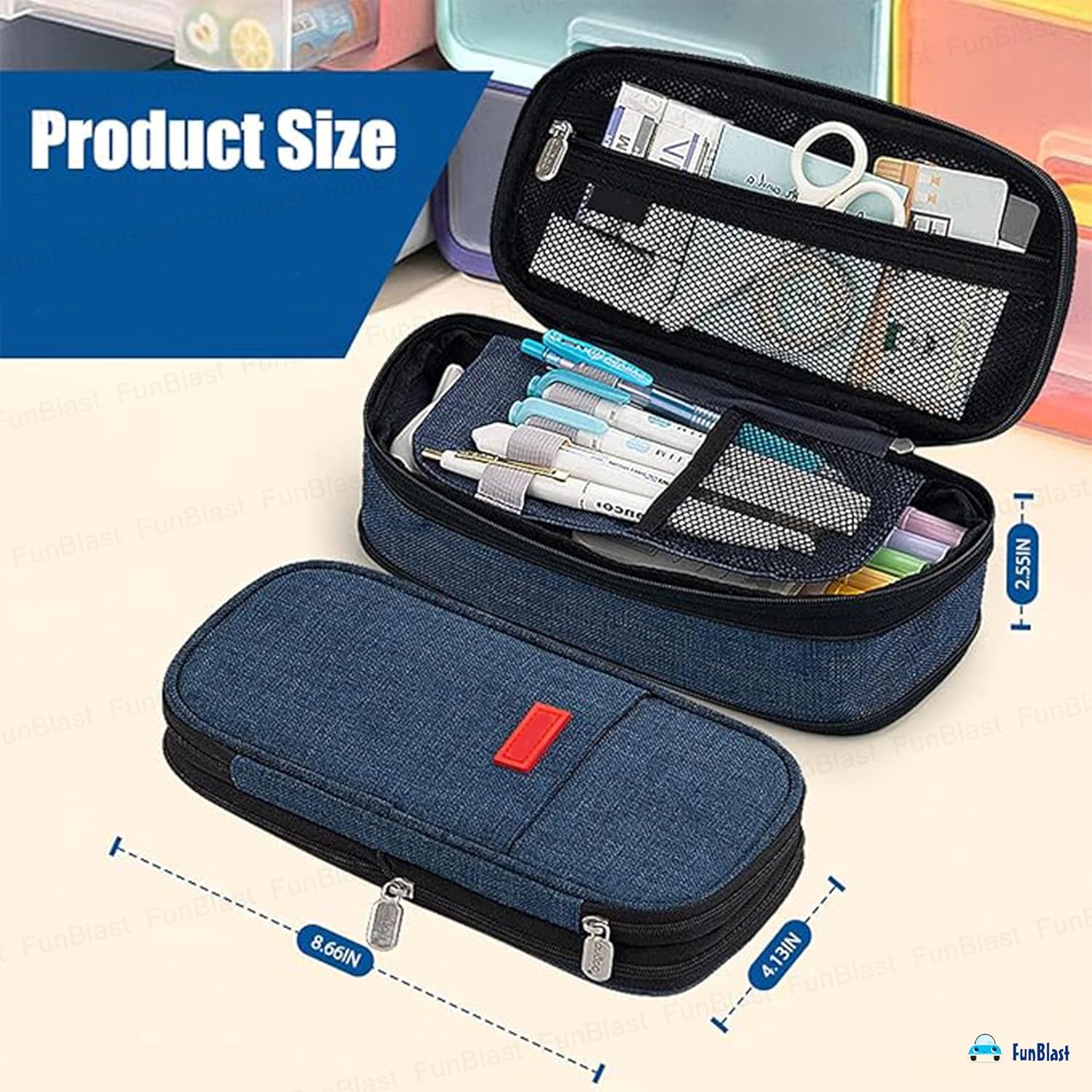 Multiple Compartment Double Zipper Portable Pouch for Kids (Blue)