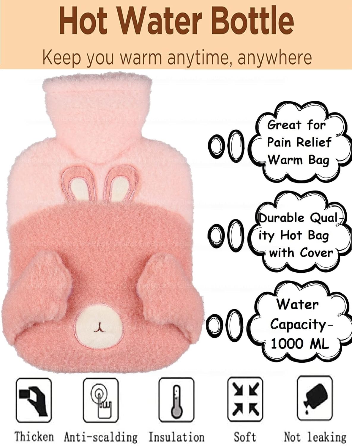 Hot Water Bag with Cute Cartoon Design Soft Cover for Pain Relief – Heating Bag, Heating Pad Hot Water Bottle & Rubber Bottle for Hot Water Bag for Pain Relief- 1000 ML