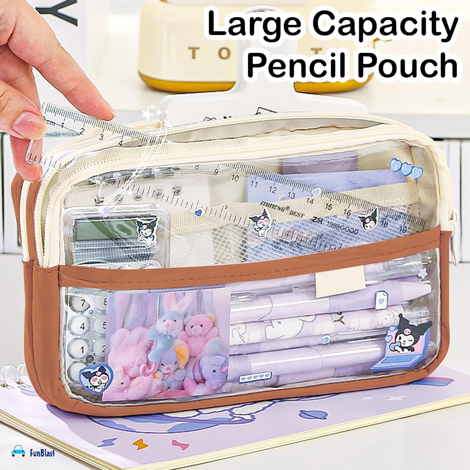 Multiple Compartment Double Zipper Pencil Pouch for Kids (Brown)