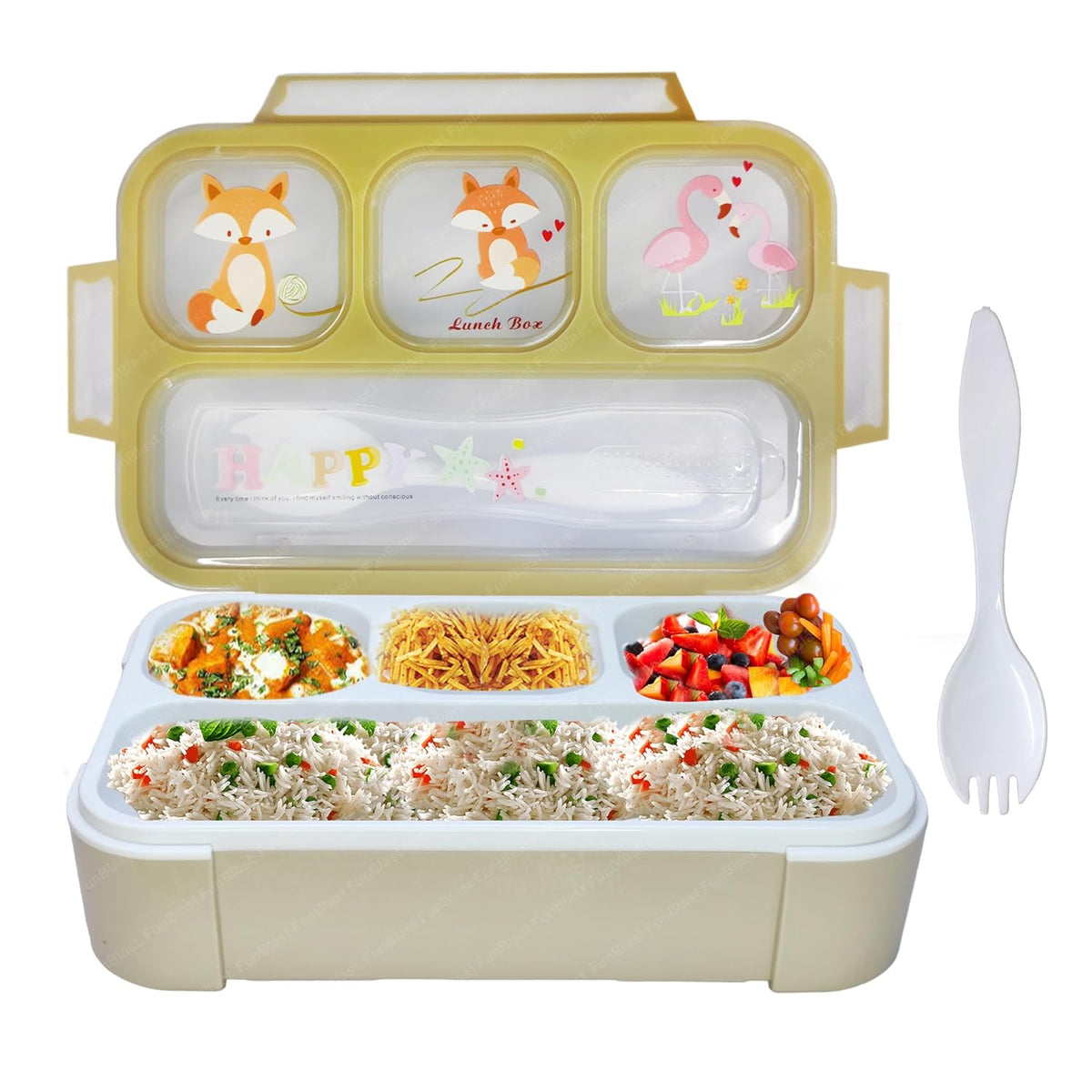 Lunch Box for Kids – Airtight Leak-Proof Tiffin Box, Lunch Box with Fork, Plastic Microwave Safe Tiffin Box with 4 Small Compartment, Bento Box (Green)