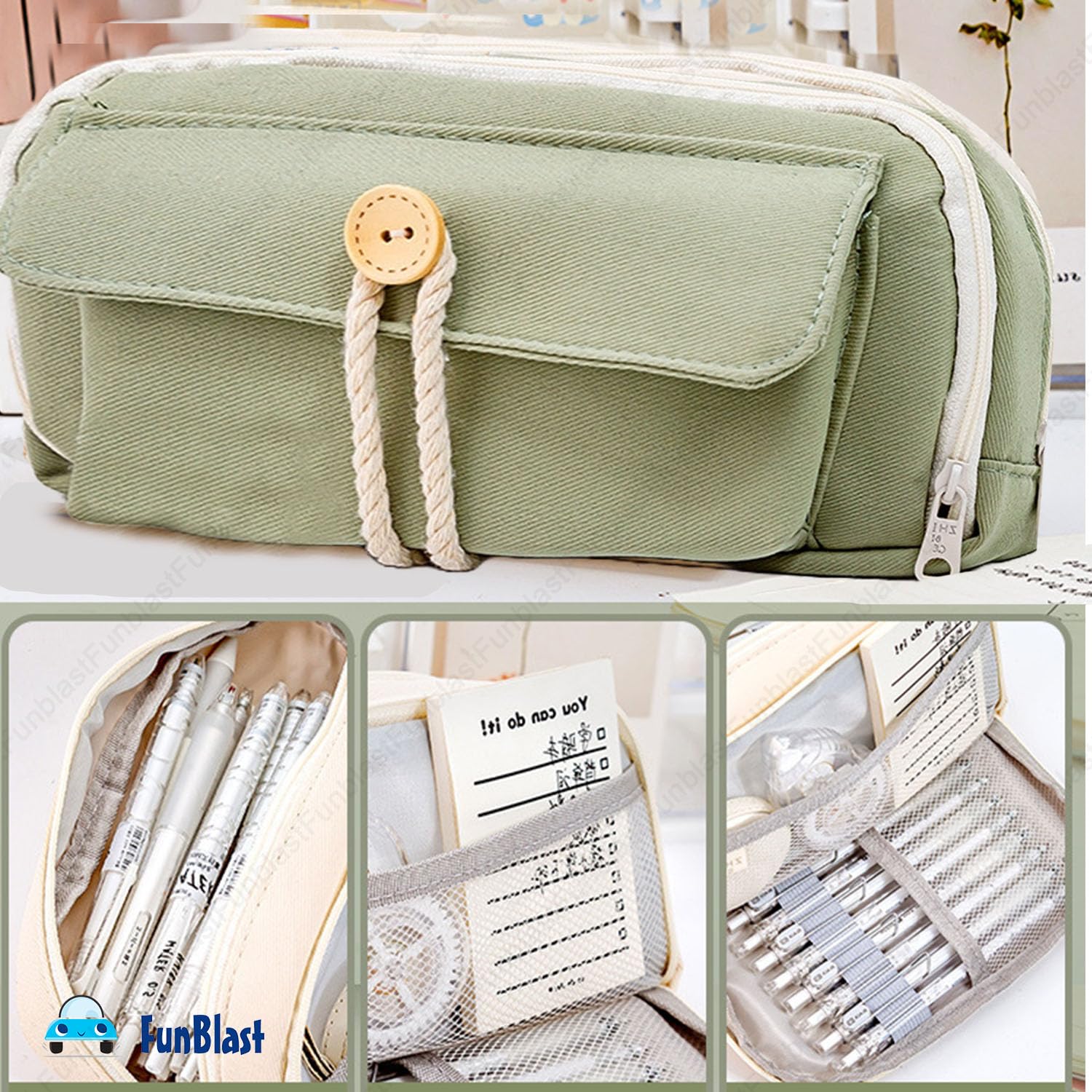 Large Capacity Stationary Organizer Case with Zipper Lock (Green)