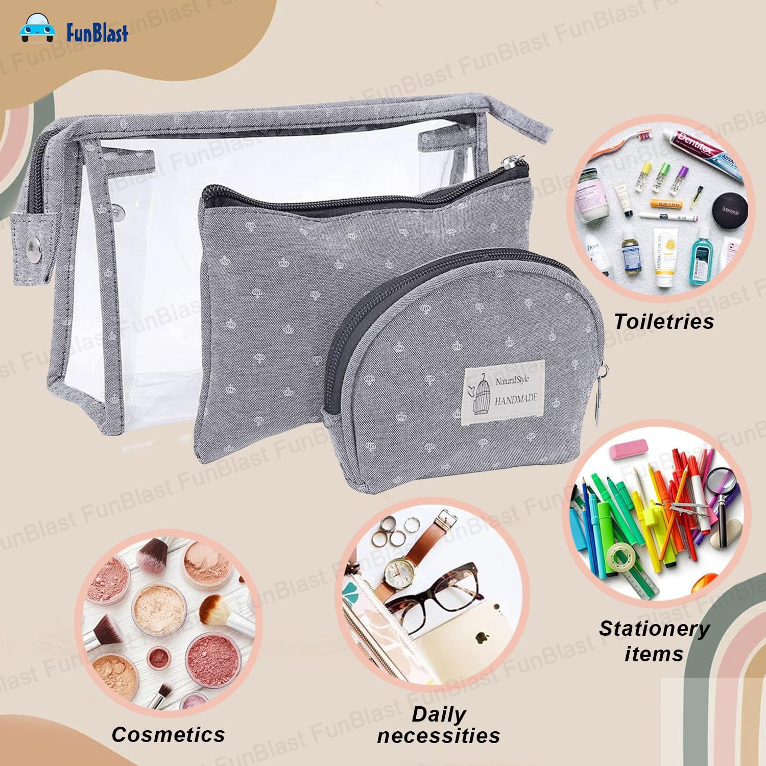 3 Pcs Cosmetic Makeup Pouch with Zipper Lock for Women (Grey)