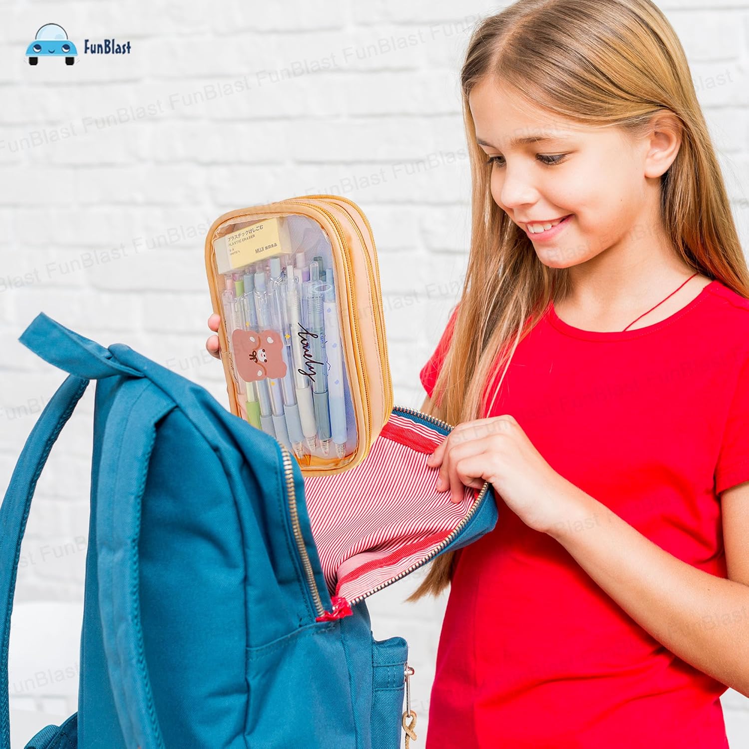 Portable Pencil Pouch with Zipper Closure for Kids (Beige)