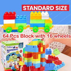 Building Blocks for Kids with Wheel, 64 Pcs with 16 Movable Wheels