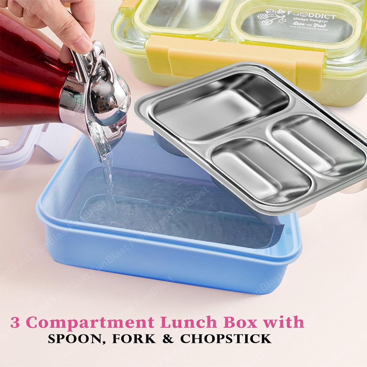 Lunch Box for Kids – Tiffin Box, Stainless Steel Lunch Boxes for Office Men, 3 Compartment Lunch Box with Spoon, Fork & Chopstick (-Random Color)