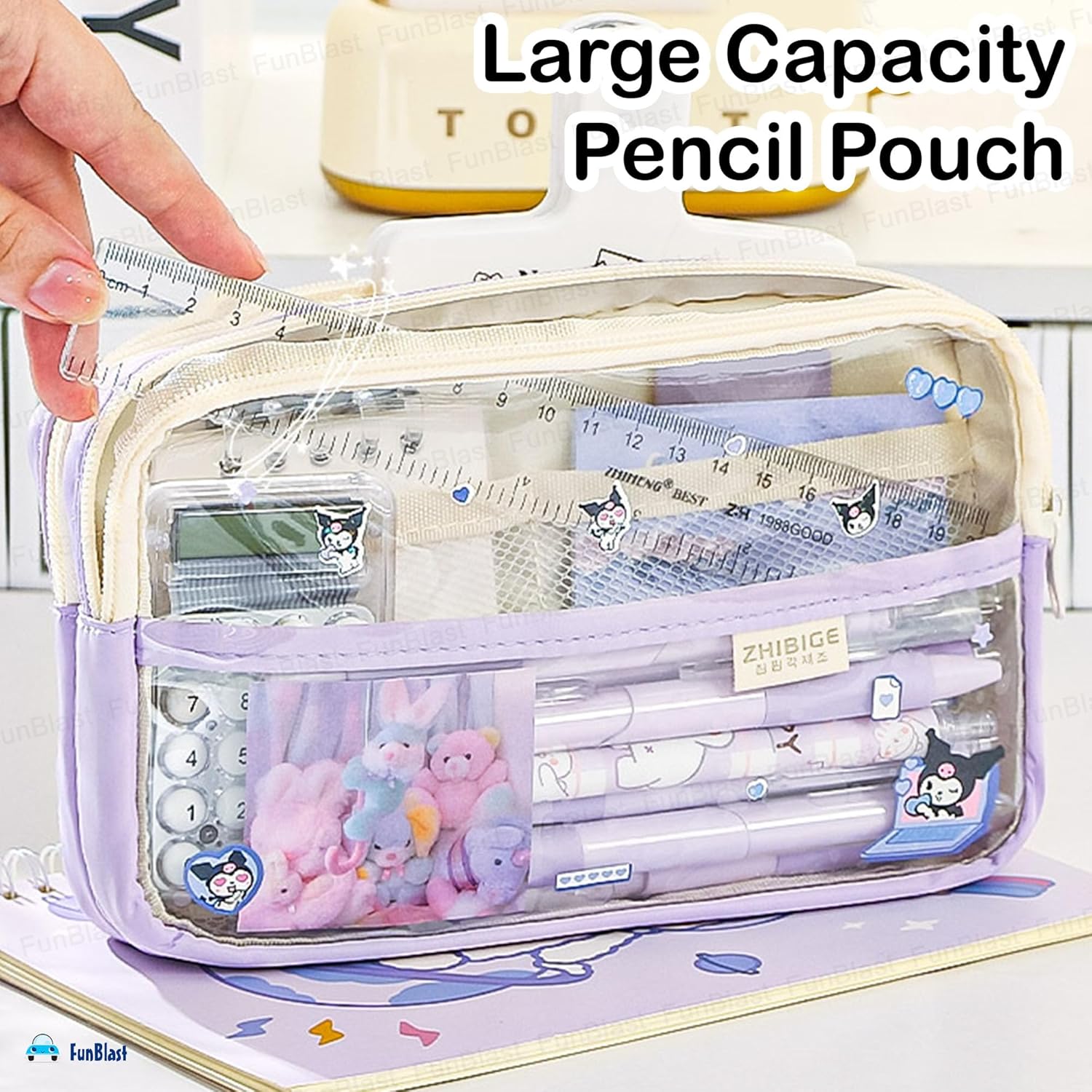 Multiple Compartment Double Zipper Pencil Pouch for Kids (Purple)