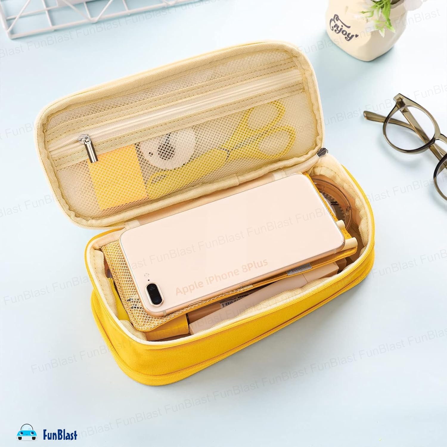 Multi-Compartment Double Zipper Portable Pencil  Pouch for Kids (Yellow)