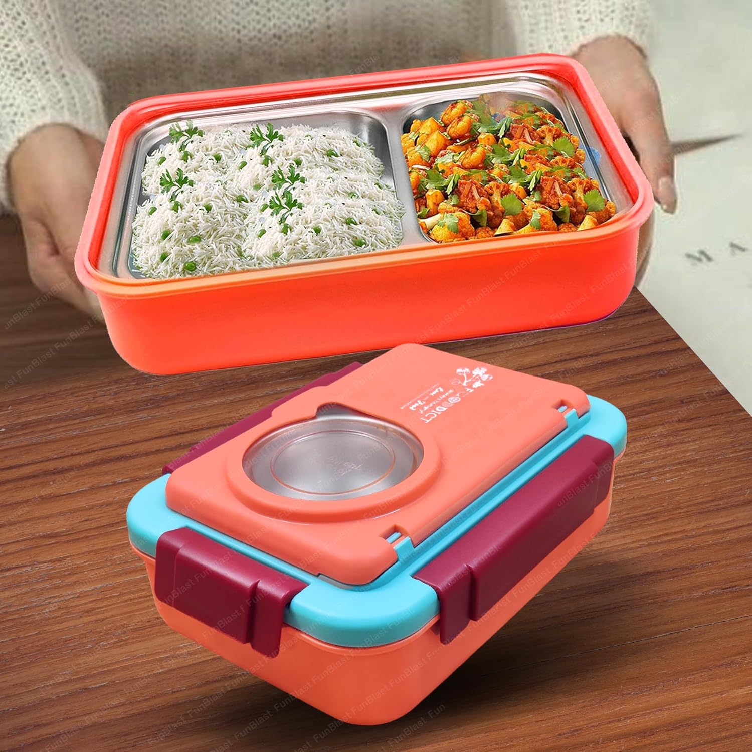 Lunch Box for Kids – Tiffin Box, Stainless Steel Lunch Box, Insulated Bento Lunch Box for Kids, 5 Compartment Lunch Box with Bowl, Spoon, Fork & Chopstick (Peach)