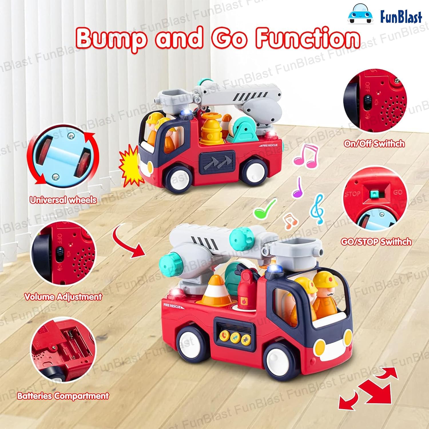 Fire Rescue Toys for Kids – Musical Toys for Kids, B/O Crawling Baby Toy, Bump and Go Toys for Kids, 360° Rotating Universal Wheel Toys