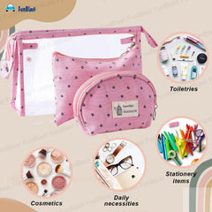 3 Pcs Cosmetic Makeup Pouch with Zipper Lock for Women (Pink)