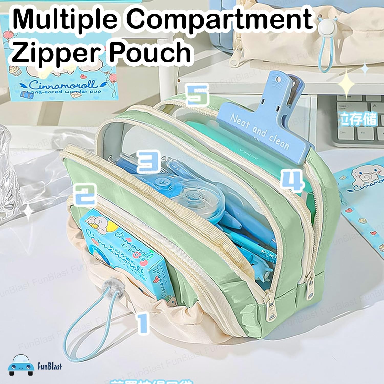 Kawaii Pencil Pouch With Drawstring Pocket (Sea Green)