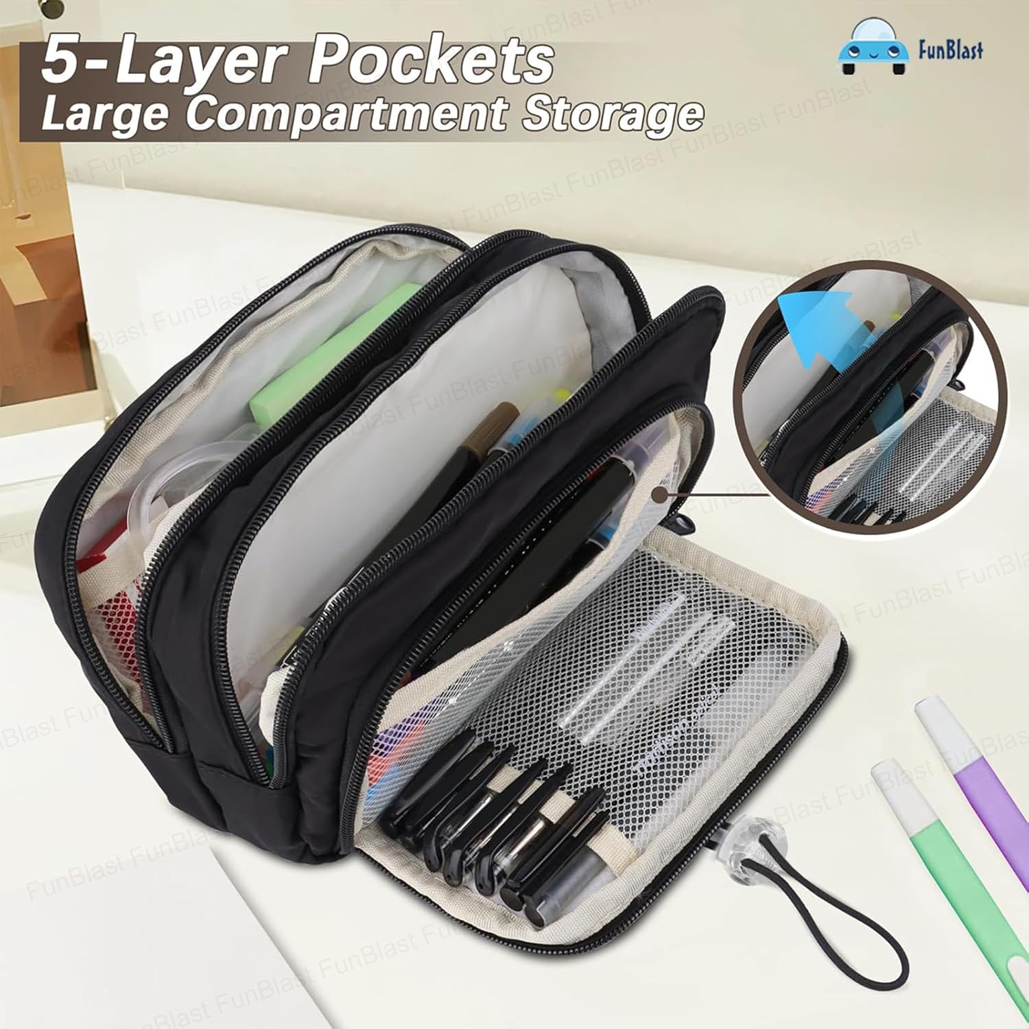 Kawaii Pencil Pouch With Drawstring Pocket (Black-White)