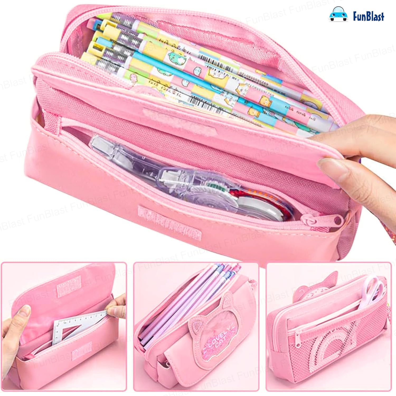 Cat Design Stationery Pouch with Zipper Lock for Girls (Pink)