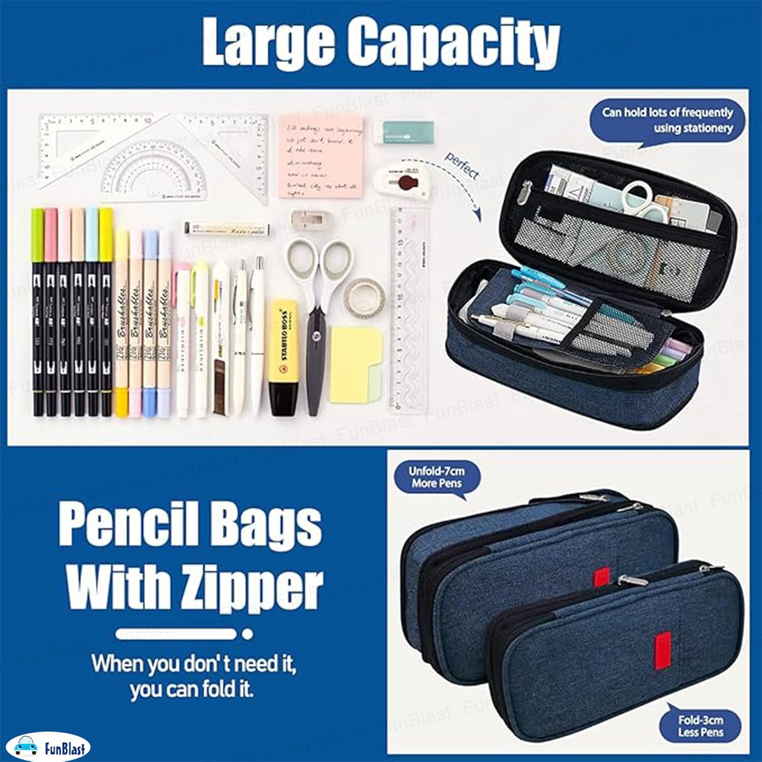 Multiple Compartment Double Zipper Portable Pouch for Kids (Blue)