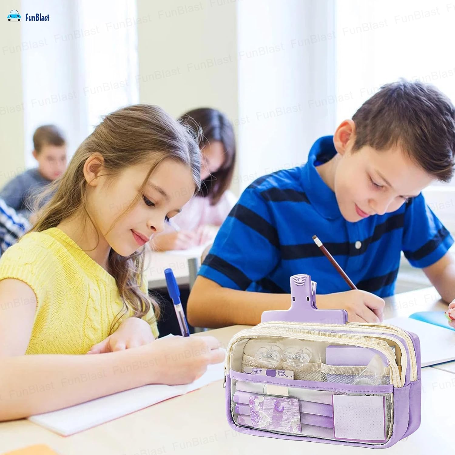 Multiple Compartment Double Zipper Pencil Pouch for Kids (Purple)