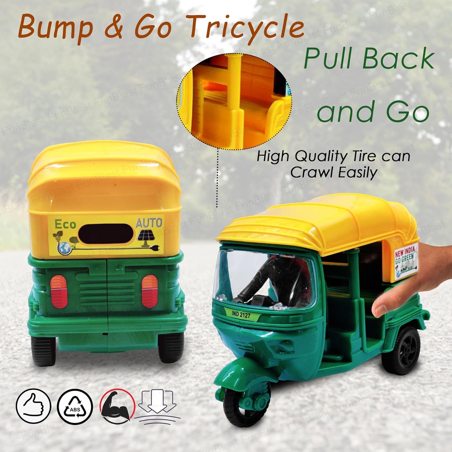 Auto Rickshaw Toys, Bump & Go Auto Rickshaw Toy for Kids,  Friction Power Autorickshaw Tricycle Toys for 3+ Years Old Kids - Green Color