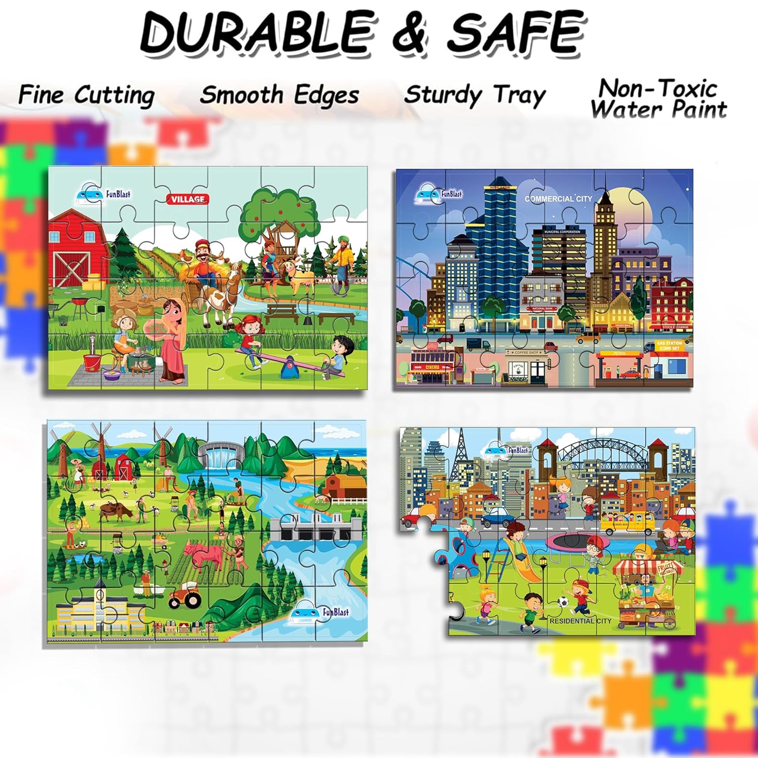 Jigsaw Puzzles for Kids, Village, City, Farming and Commercial City  Lifestyle Jigsaw Puzzle for Kids of Age 3-5 Years, Set of 4-96 Pcs Puzzle