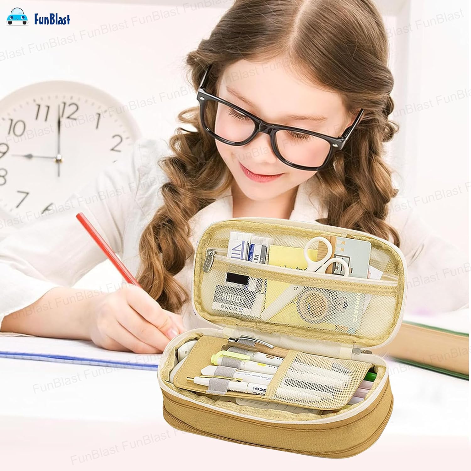 Multi-Compartment Double Zipper Portable Pencil  Pouch for Kids (Khaki)