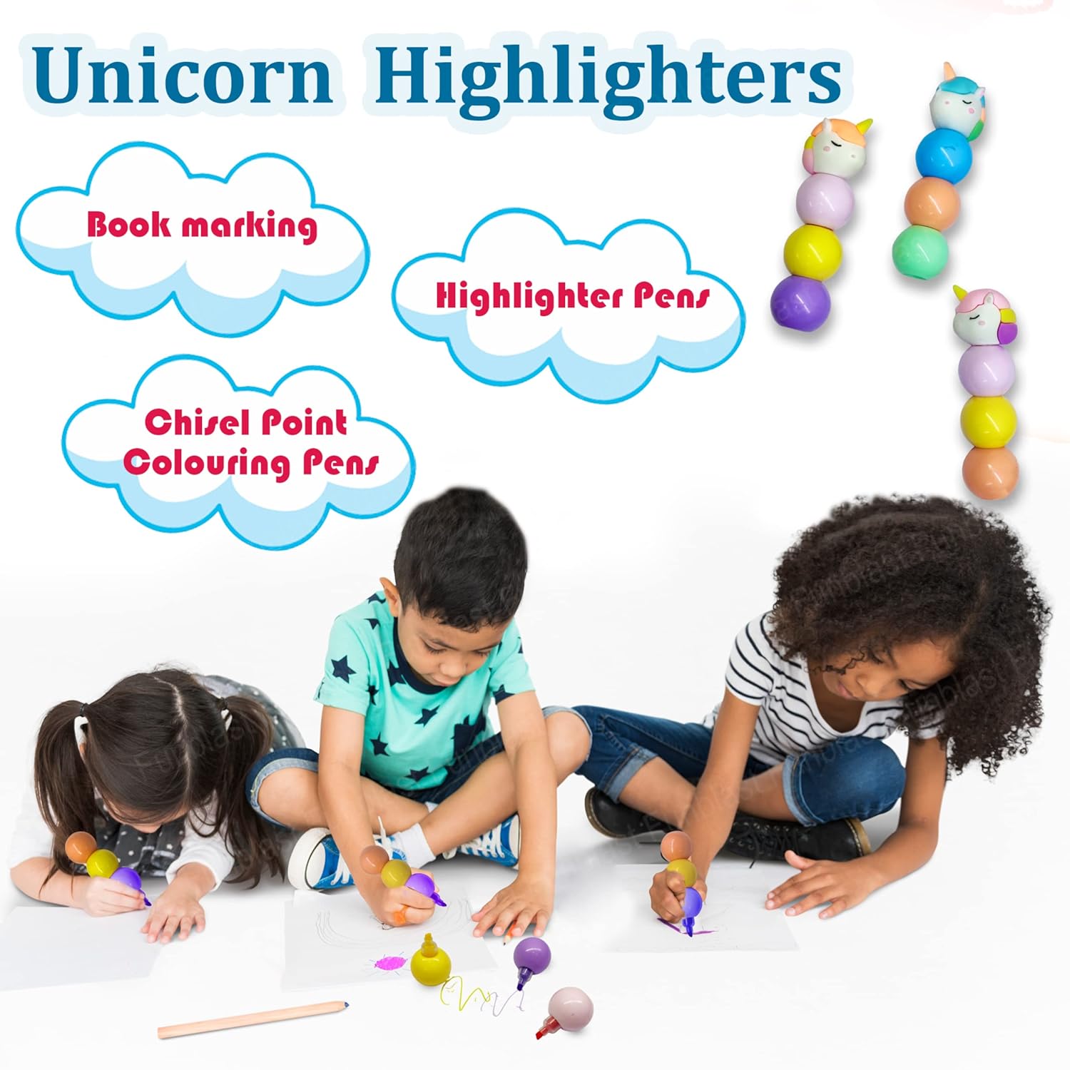 Unicorn Highlighter Marker Pen – 3 Pcs Aesthetic Highlighters Pastel, Chisel Point Coloring Pens, Kawaii Stationery