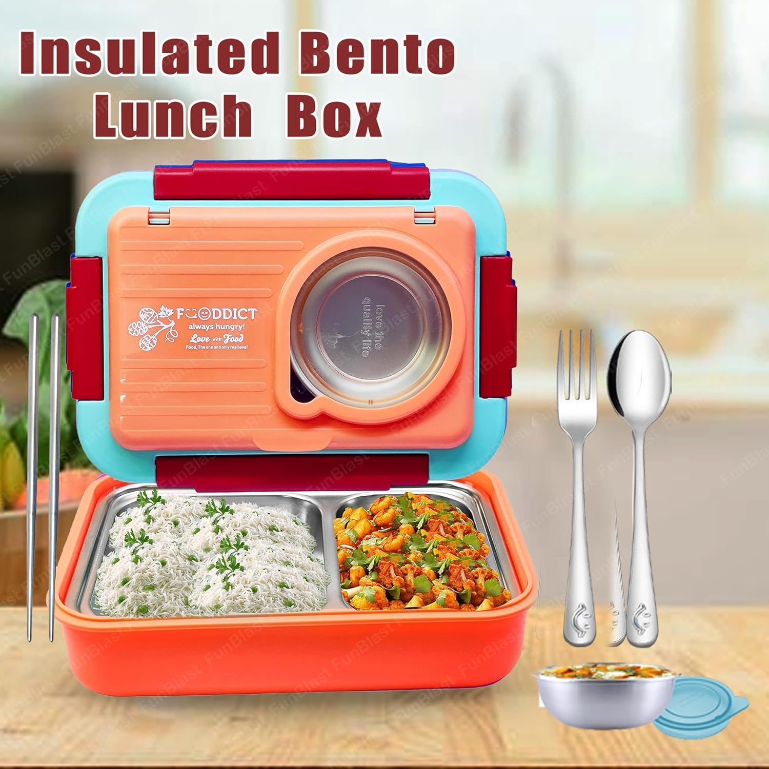 Lunch Box for Kids – Tiffin Box, Stainless Steel Lunch Box, Insulated Bento Lunch Box for Kids, 5 Compartment Lunch Box with Bowl, Spoon, Fork & Chopstick (Peach)