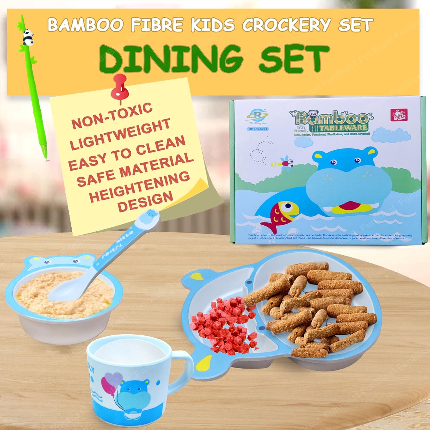 Bamboo Fiber Feeding Tableware Set for Kids – Hippo Design Bamboo Fiber Plate, Bowl, Cup, Spoon and Folk Kids Feeding Set