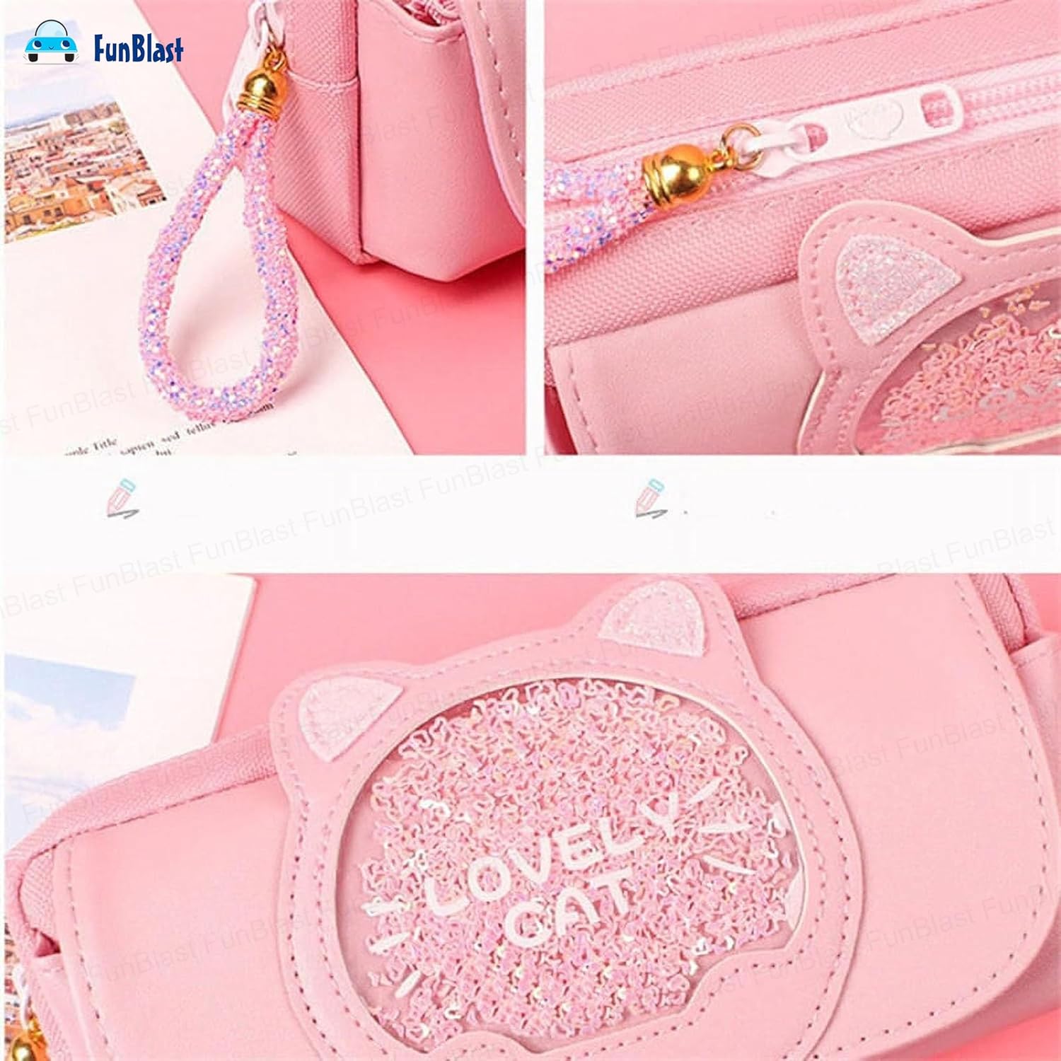Cat Design Stationery Pouch with Zipper Lock for Girls (Pink)