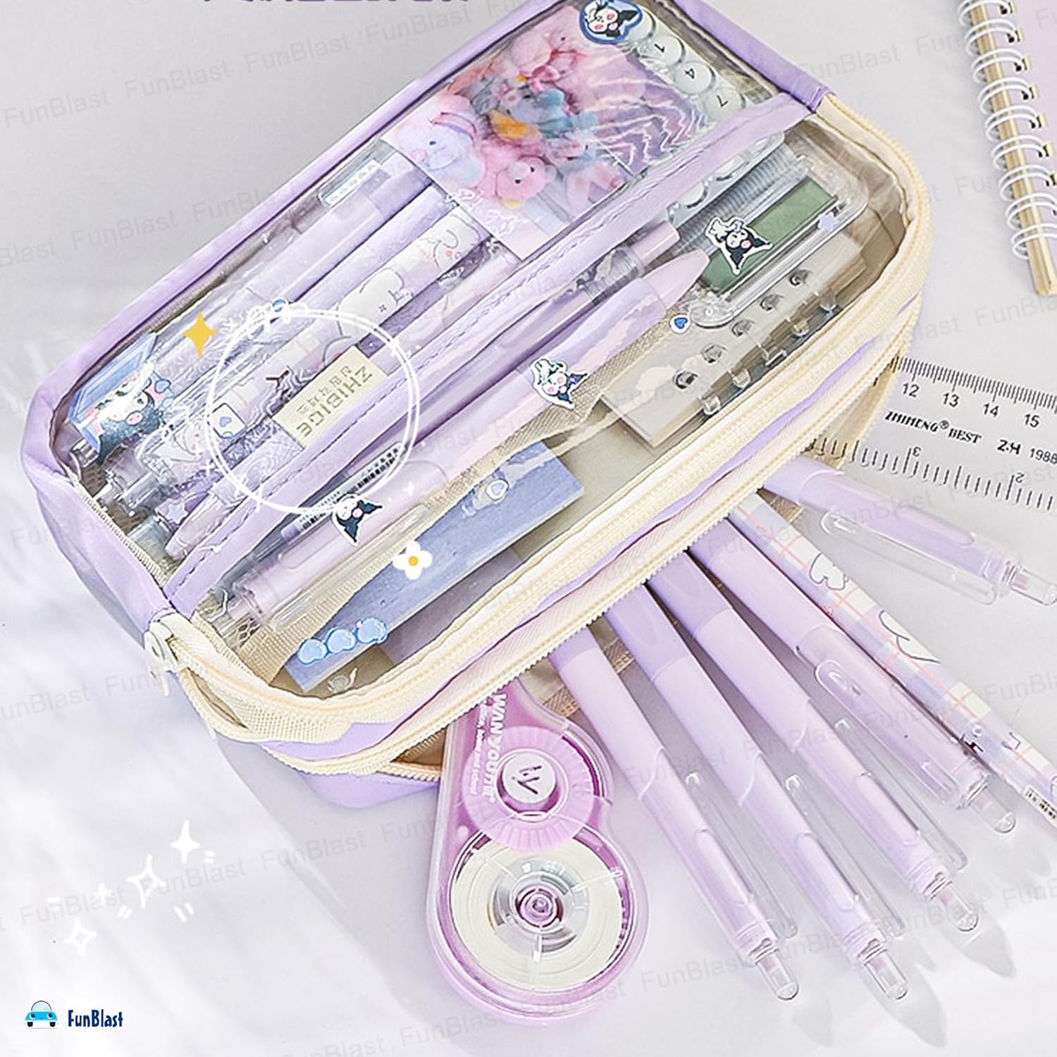 Multiple Compartment Double Zipper Pencil Pouch for Kids (Purple)