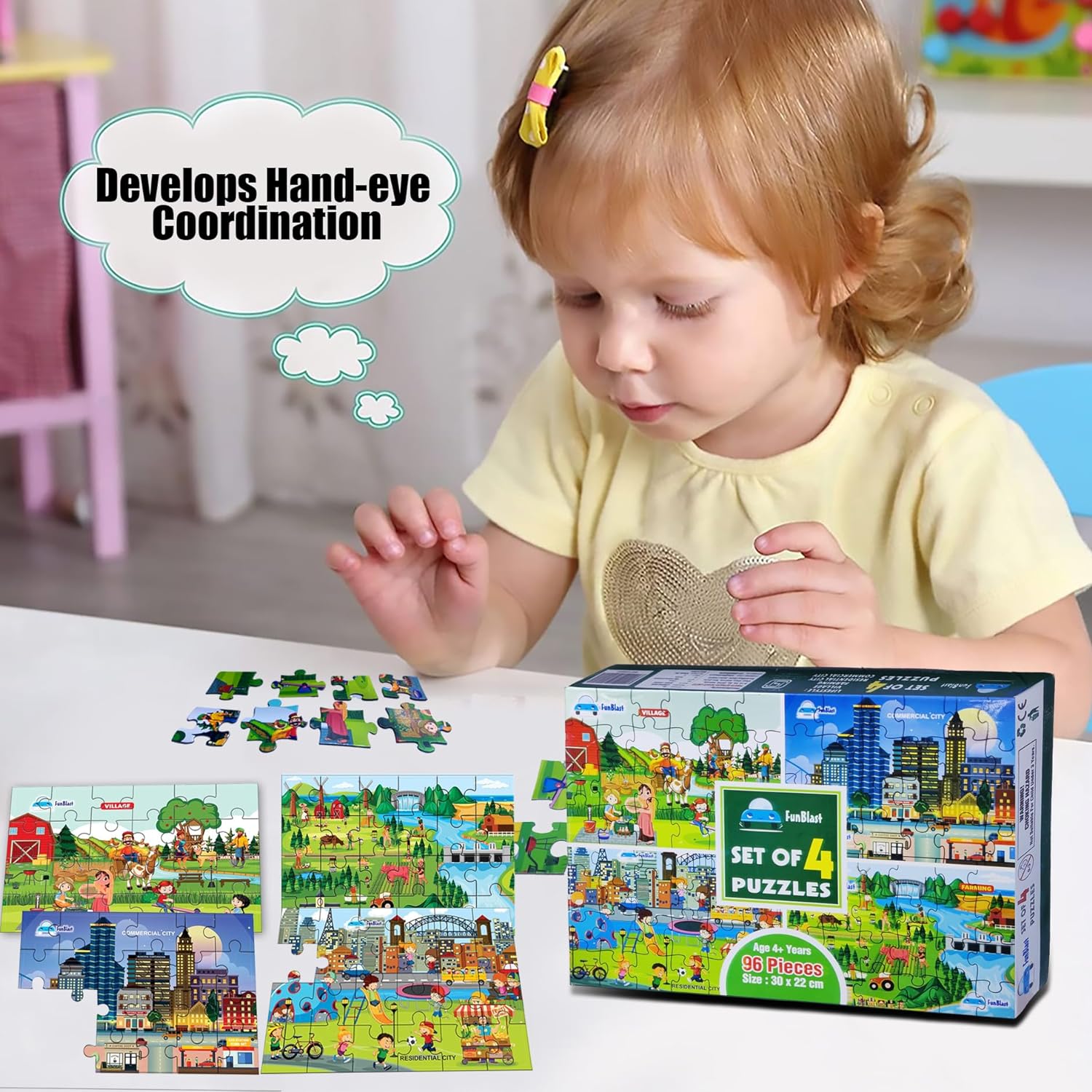 Jigsaw  Puzzles for Kids, Village, City, Farming and Commercial City Lifestyle Jigsaw Puzzle for Kids of Age 3-5 Years, Set of 4-96 Pcs Puzzle (Multicolor, Size 30X22 CM)