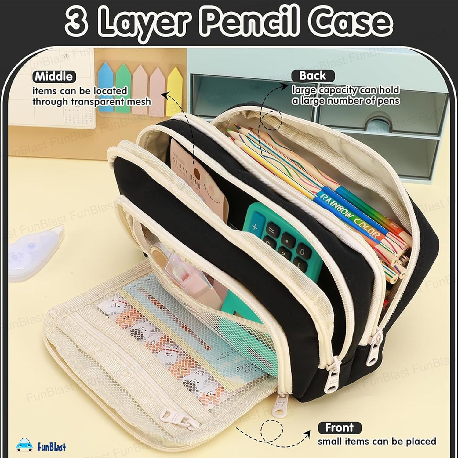 Multiple Compartment Portable Stationary Organizer Bag for Kids (Black)