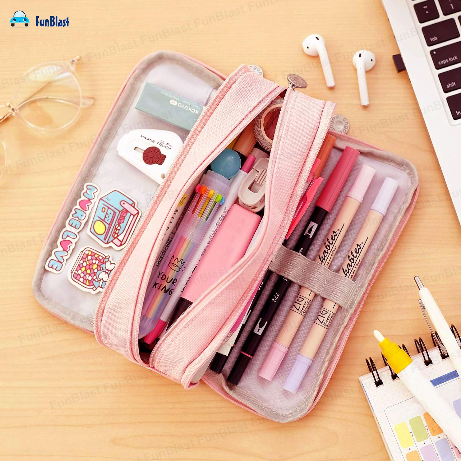 Multi-Compartment Canvas Stationery Organizer Pouch for Kids (Pink)