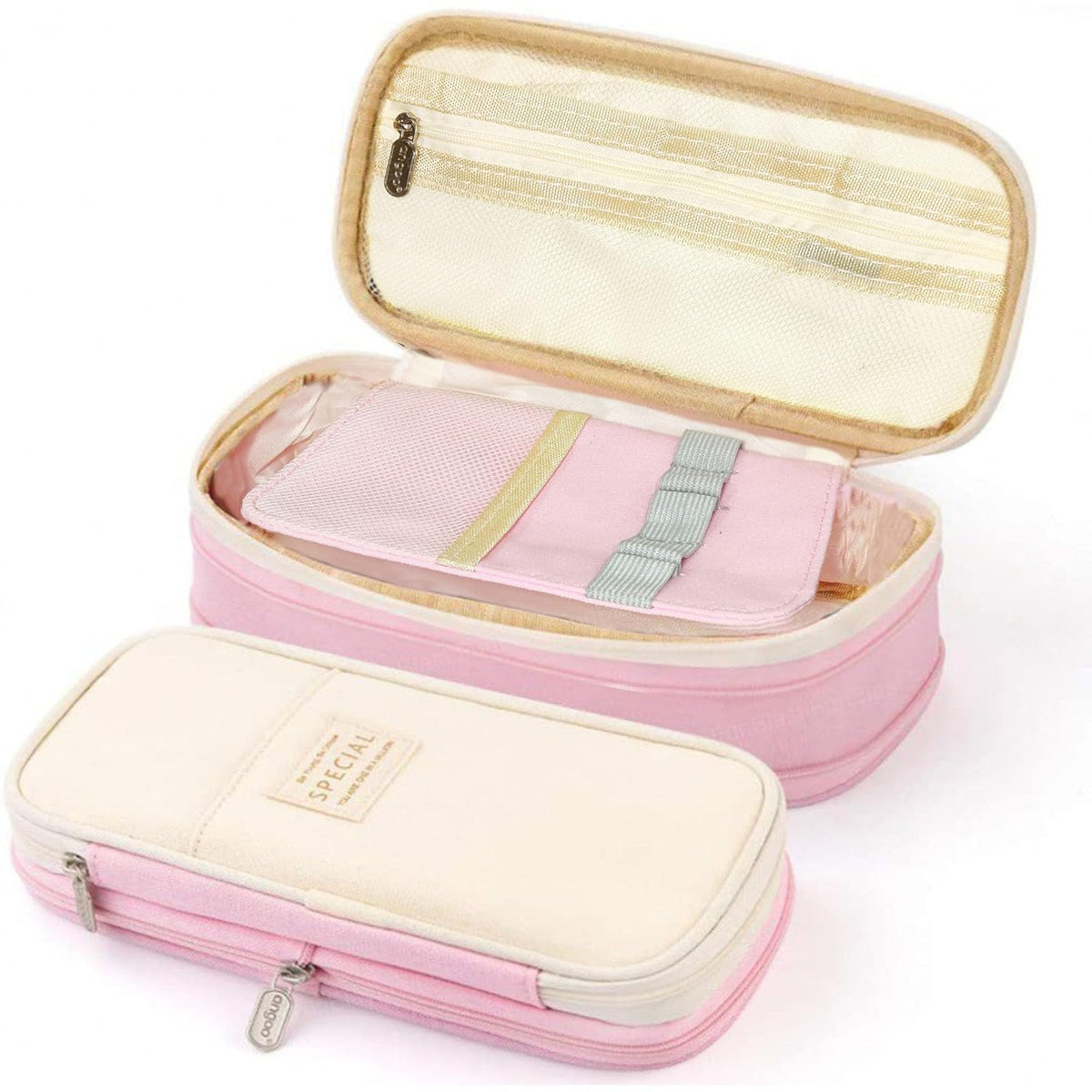 Multi-Compartment Double Zipper Portable Pencil Pouch for Kids (Pink)