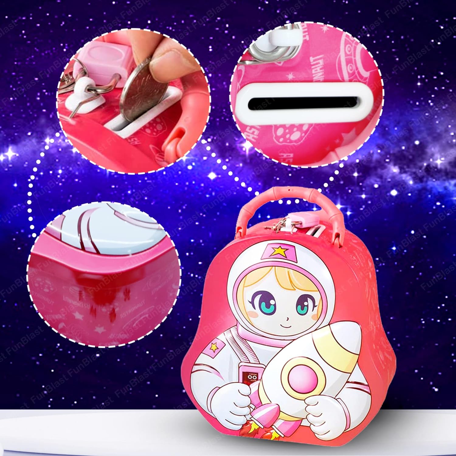 Piggy Bank for Kids – Space Theme Coin Box, Coin Bank with Lock and Key, Metal Coin Box for Kids, Money Bank, Coin Box for Girls