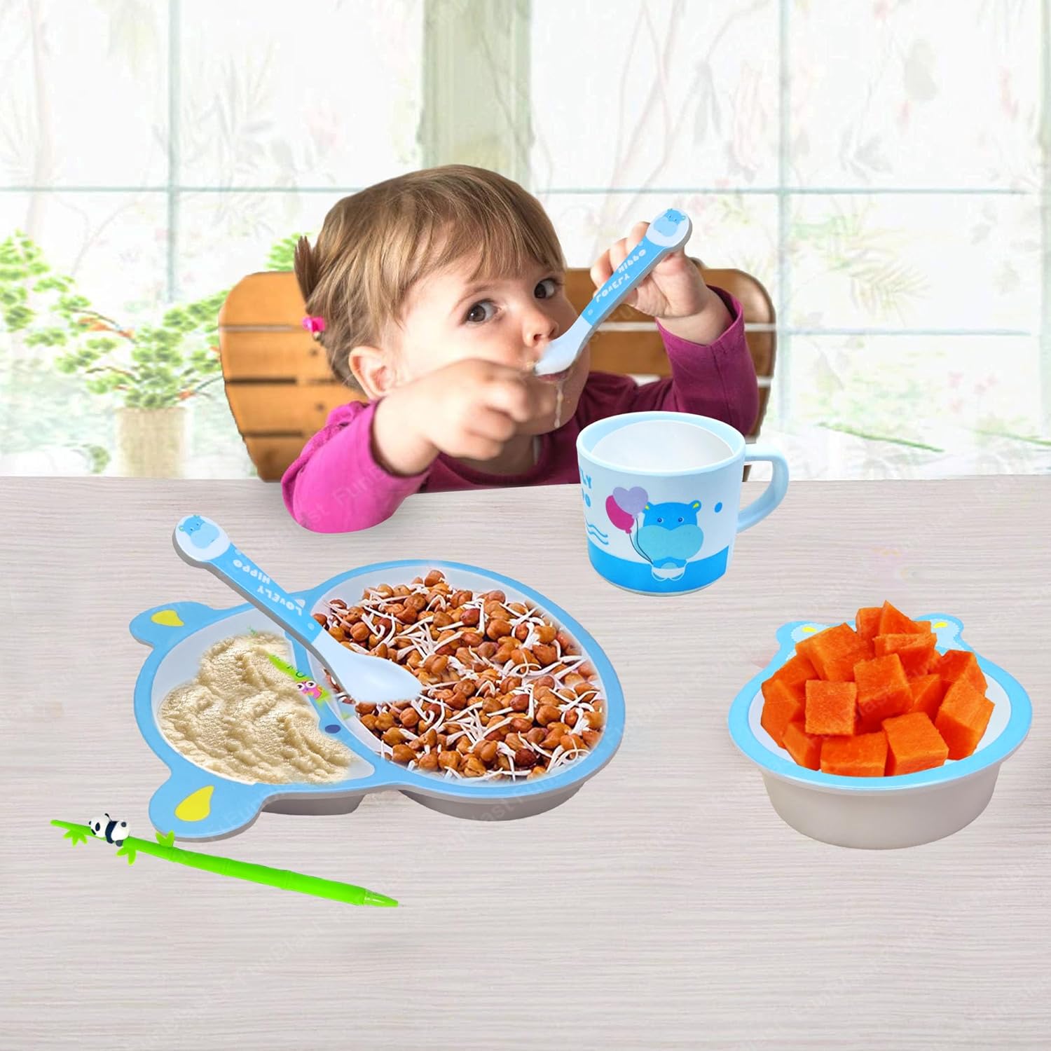 Bamboo Fiber Feeding Tableware Set for Kids – Hippo Design Bamboo Fiber Plate, Bowl, Cup, Spoon and Folk Kids Feeding Set