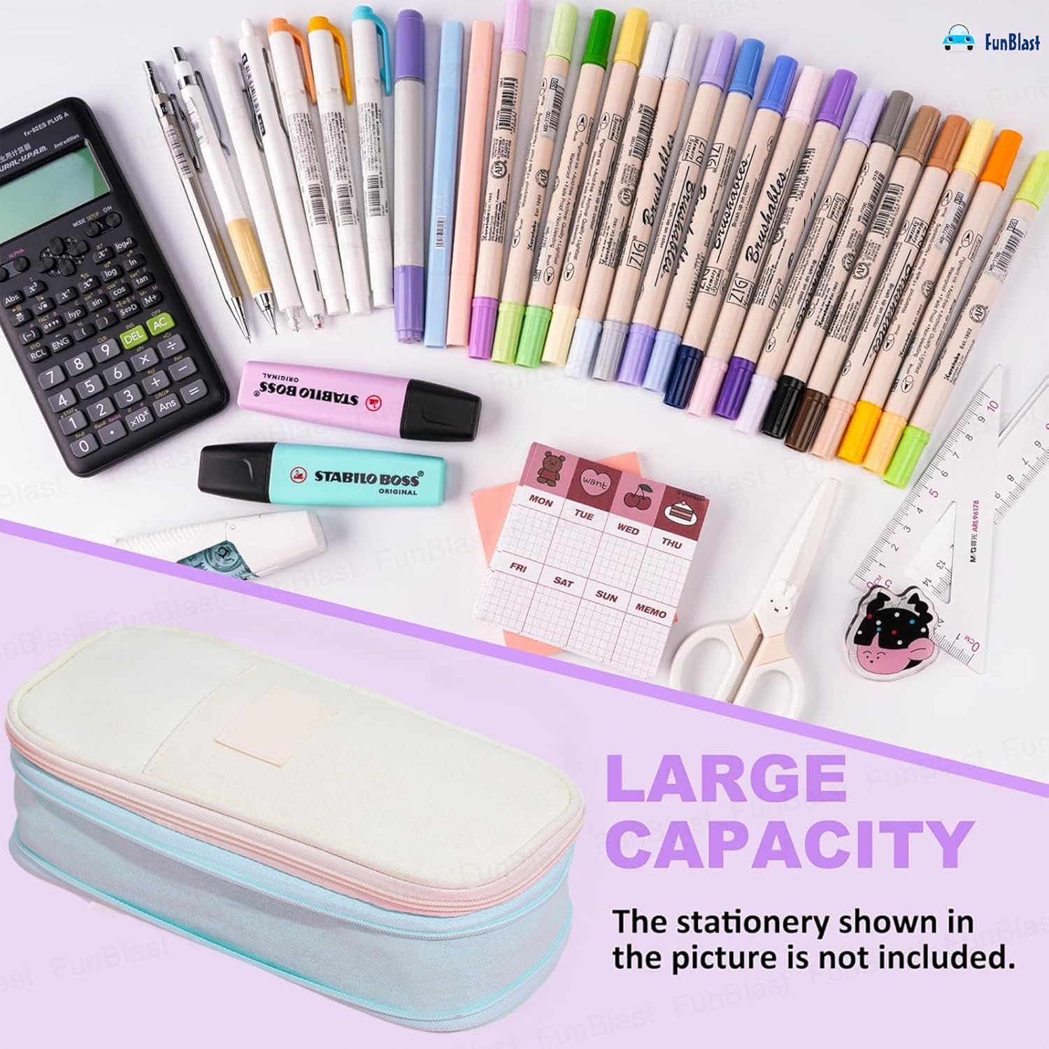 Multi-Compartment Double Zipper Portable Pencil  Pouch for Kids (Seagreen)