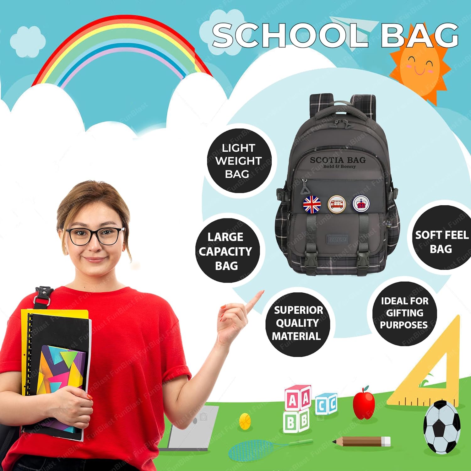 School Bagpack for Children - School and College Bag with Padded Shoulders, Multipurpose Bag for Children & Adults, Office Bag, Travel Backpack, Casual Bags (46 X 30 X 20 CM)