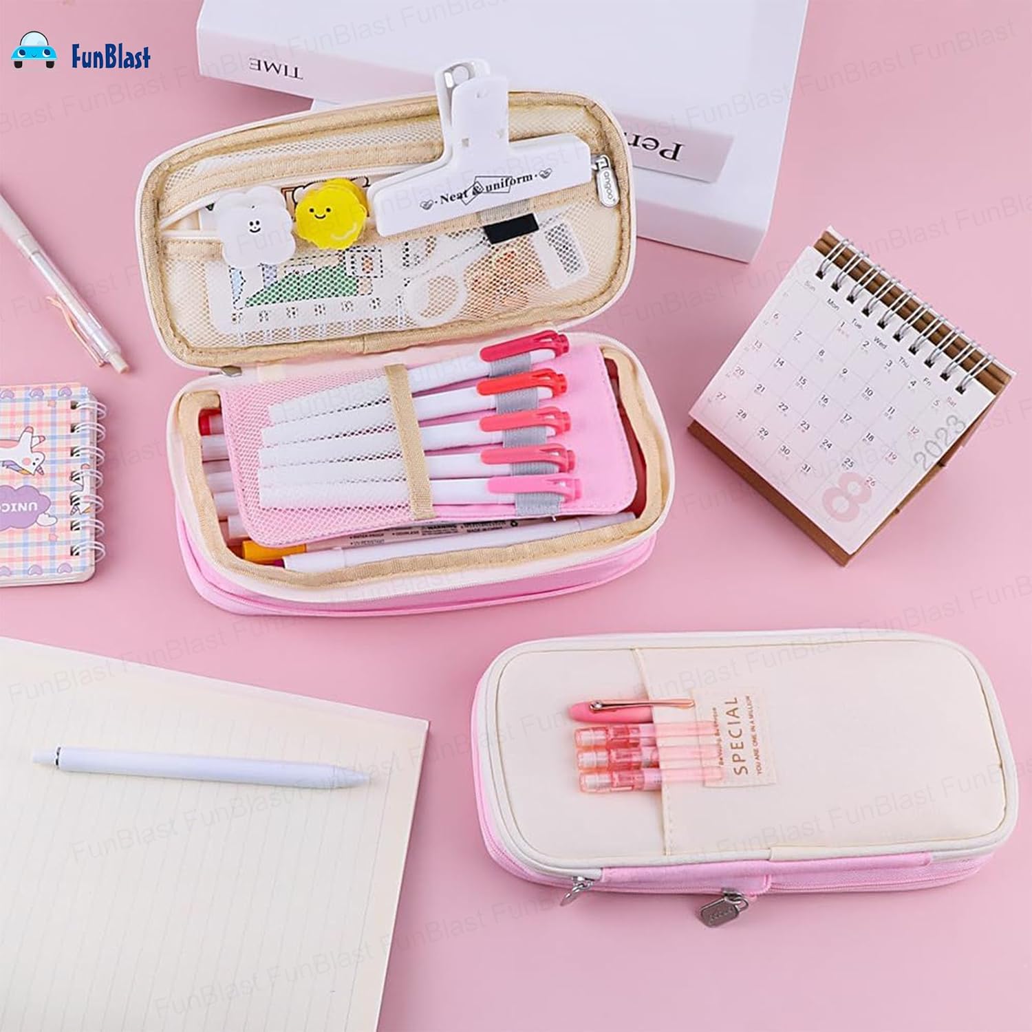 Multi-Compartment Double Zipper Portable Pencil Pouch for Kids (Pink)