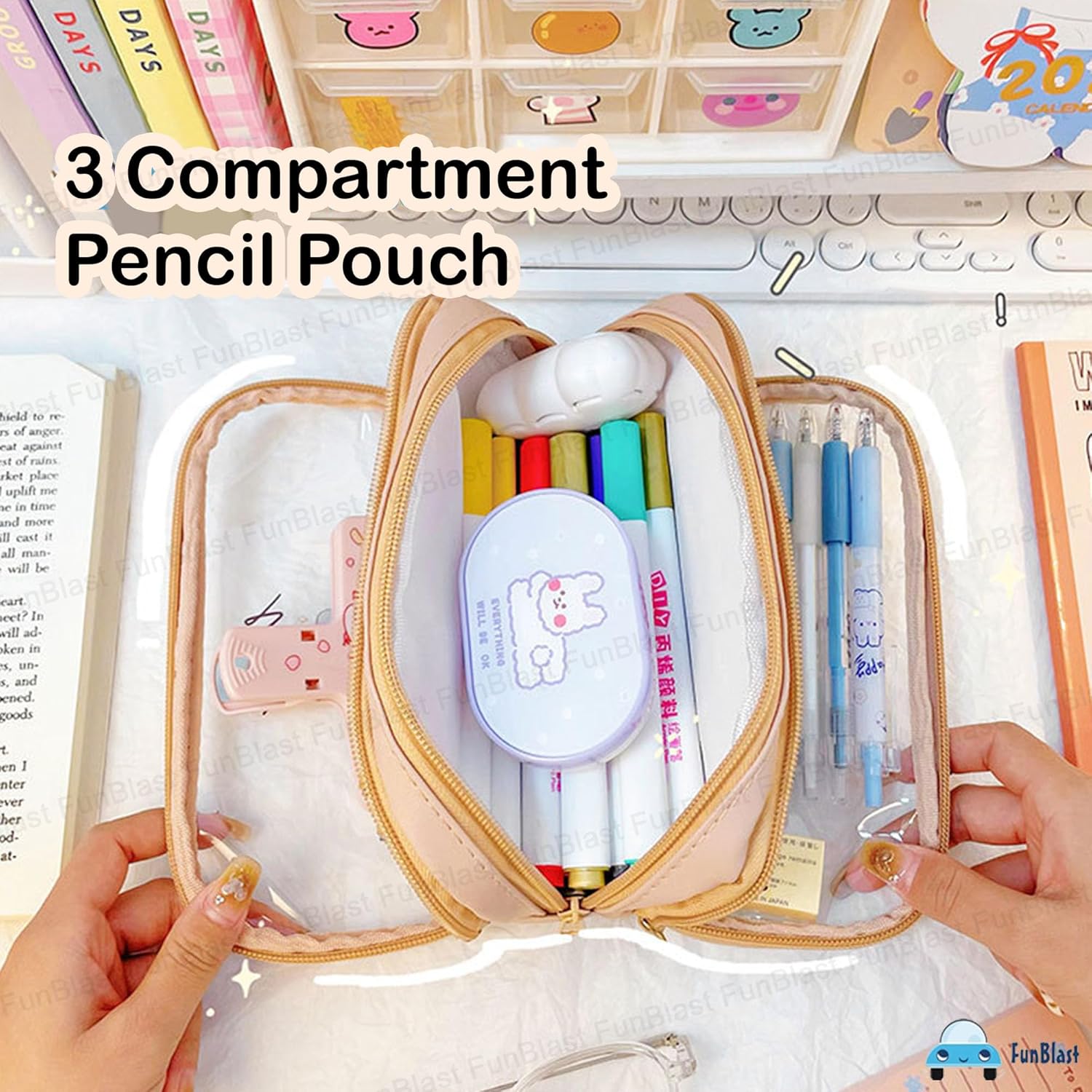 Portable Pencil Pouch with Zipper Closure for Kids (Beige)