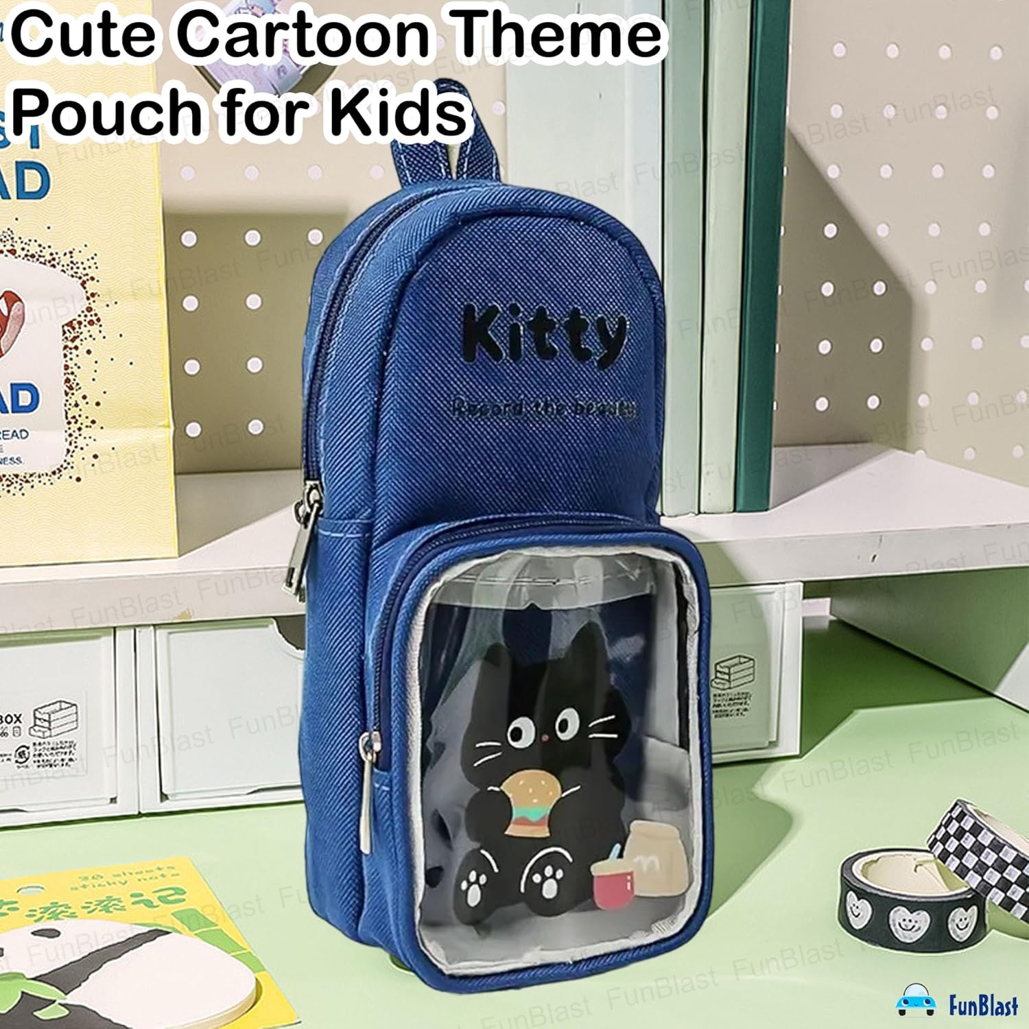 Cartoon Design Hangable Canvas Pencil Pouch for Kids (Blue)