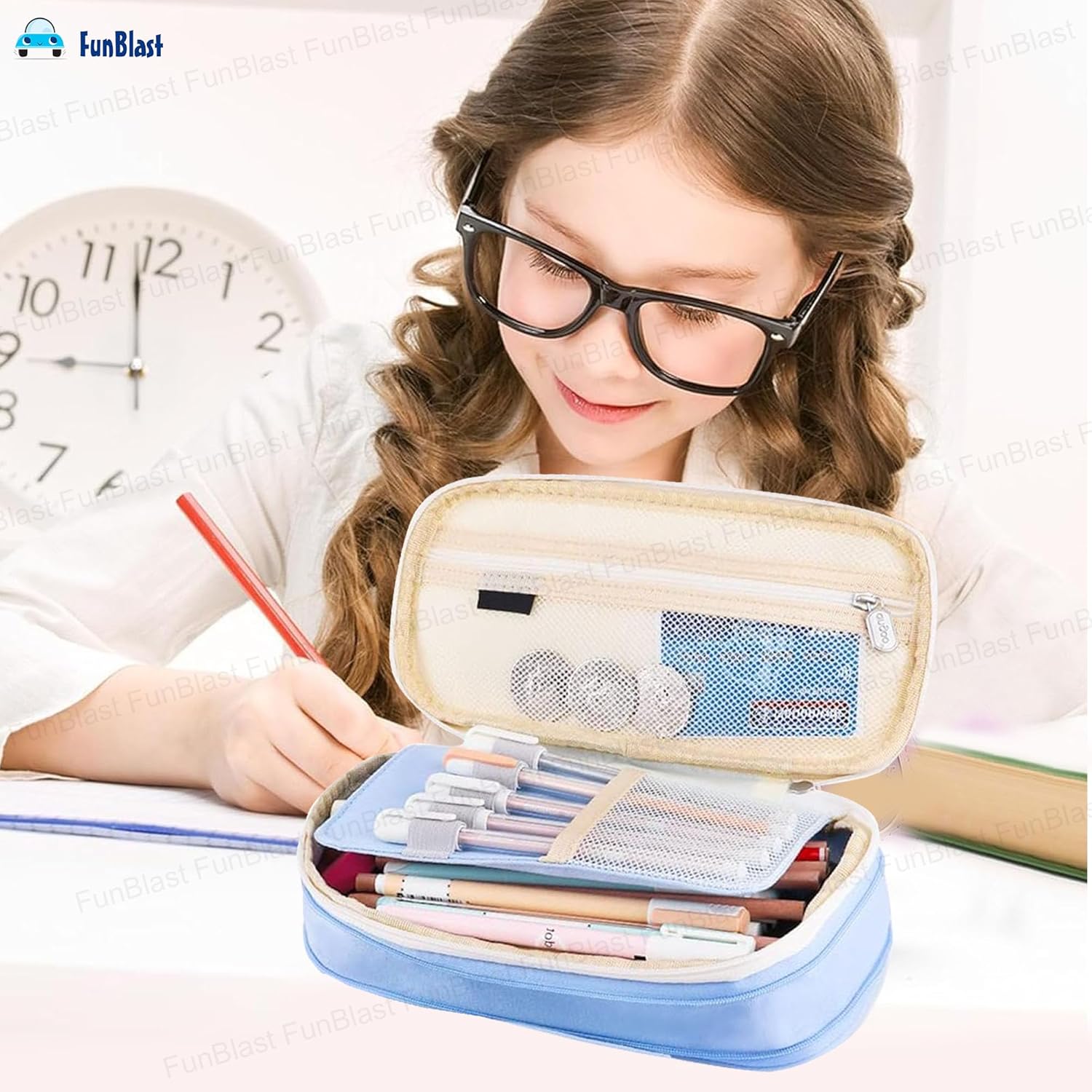Multi-Compartment Double Zipper Portable Pencil  Pouch for Kids (Sky Blue)