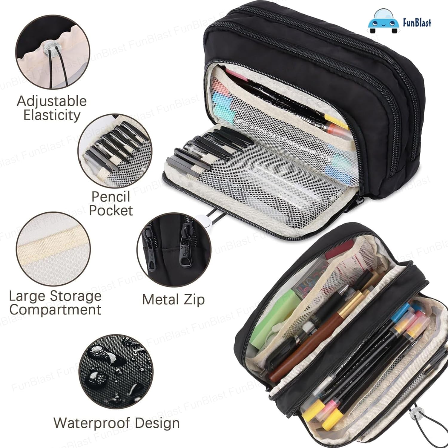Kawaii Pencil Pouch With Drawstring Pocket (Black-White)