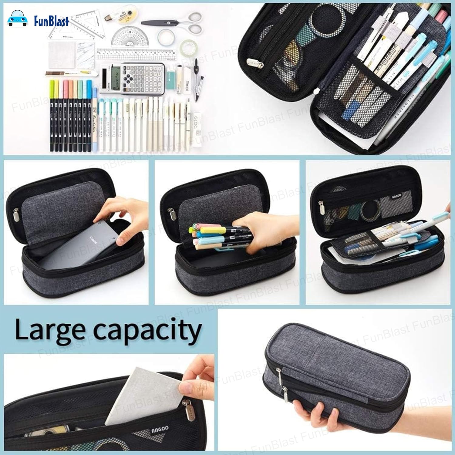 Multiple Compartment Double Zipper Portable Pouch for Kids (Grey)