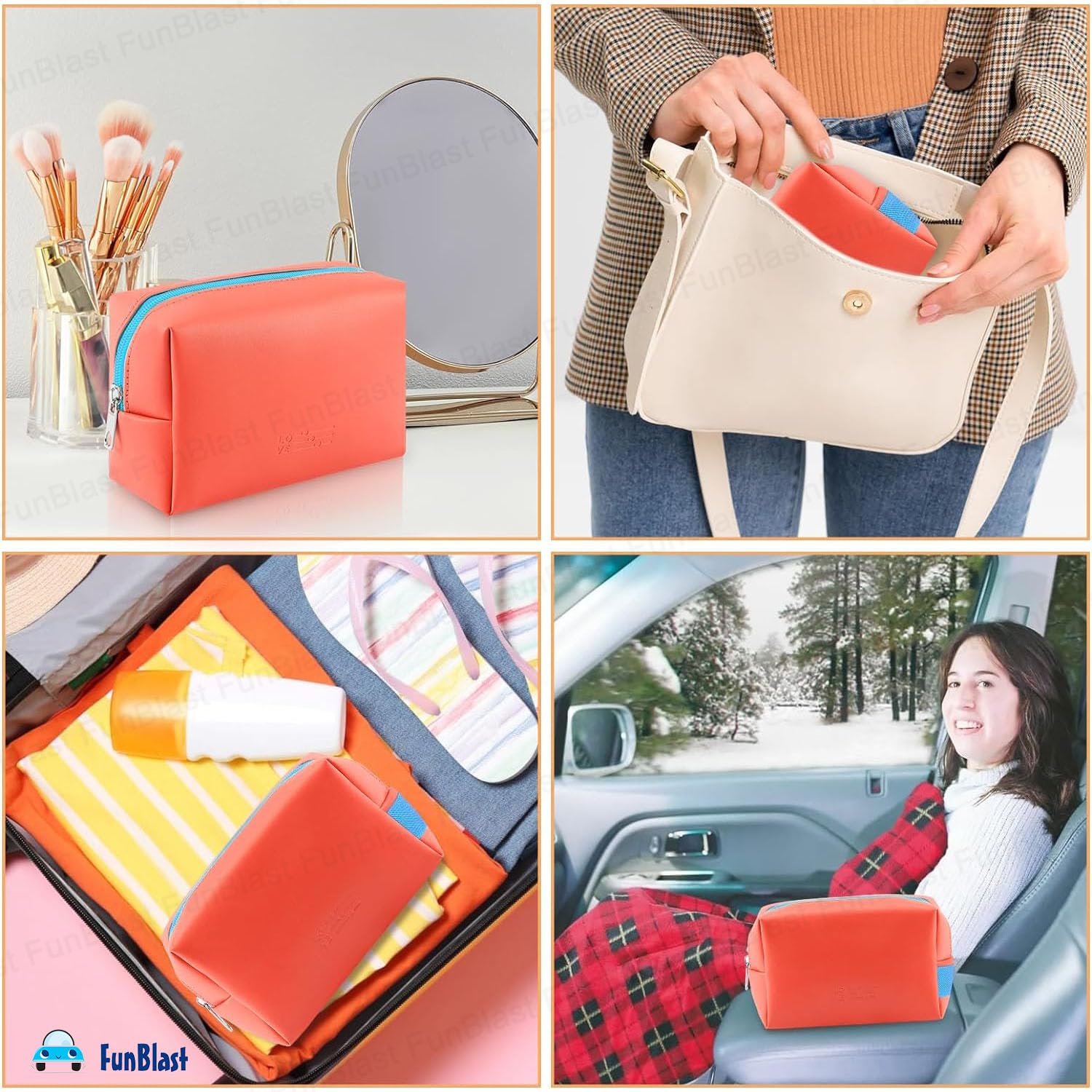 Multipurpose Cosmetic Pouch with Zipper Lock for Girls & Women (Orange)