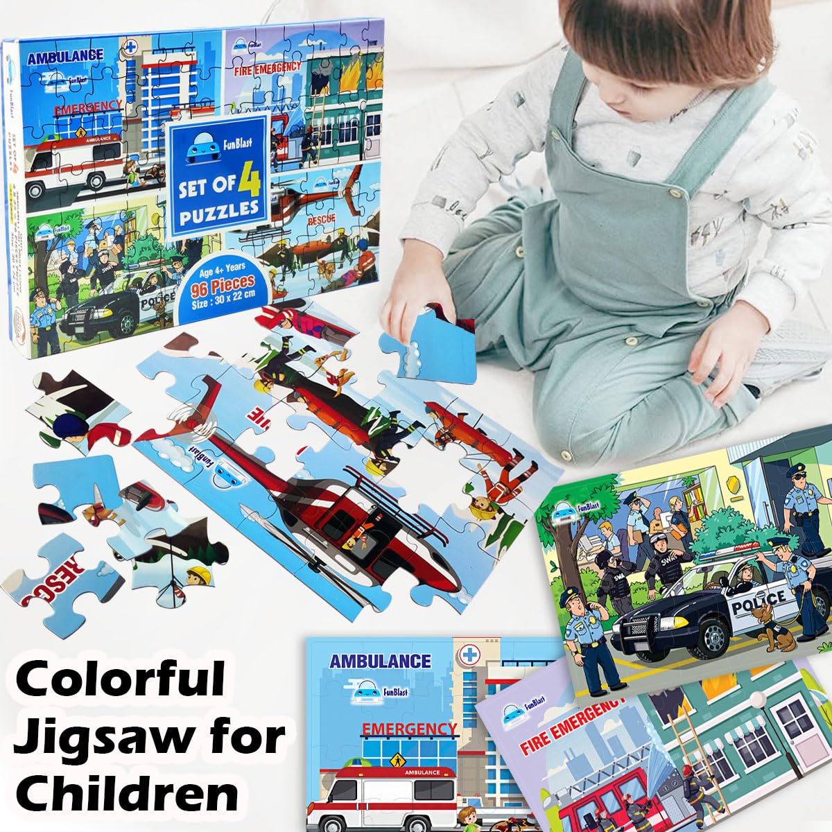 Jigsaw Puzzles for Kids - Emergency Rescue Jigsaw Puzzles for Kids and Police Team Jigsaw Puzzle, Set of 4 Puzzles - 96 Pcs Puzzle